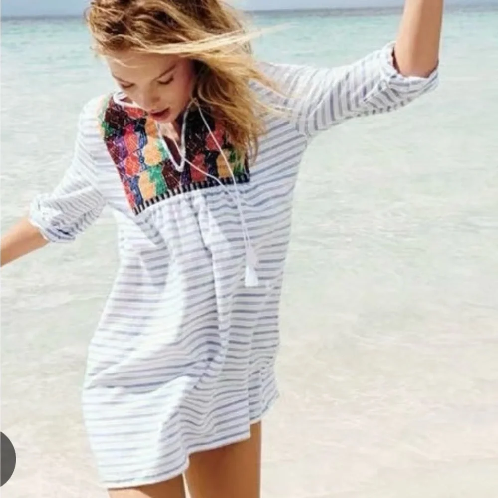 J Crew boho embroidered tunic dress mini dress striped, beach, coastal XS